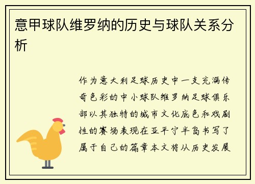 意甲球队维罗纳的历史与球队关系分析
